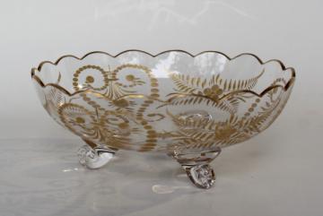 catalog photo of vintage elegant glass, gold decorated wheel cut glass bowl or candy dish