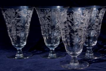 catalog photo of vintage elegant glass iced tea glasses, optic pattern footed tumblers w/ etched design