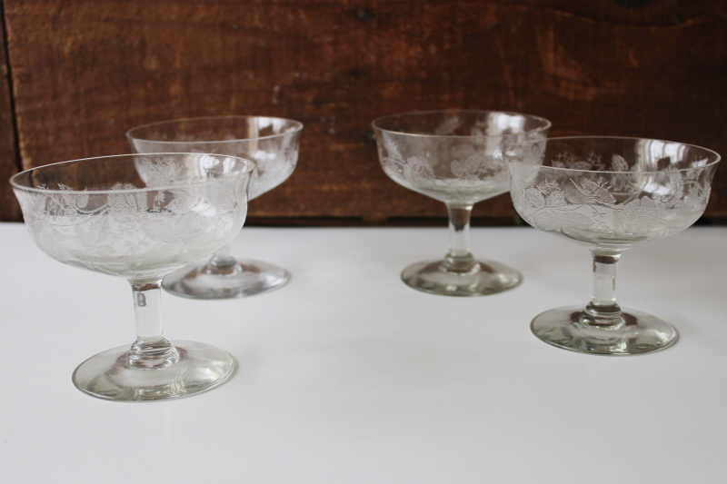 photo of vintage elegant glass sherbet dishes or champagne glasses etched roses rose leaf #1