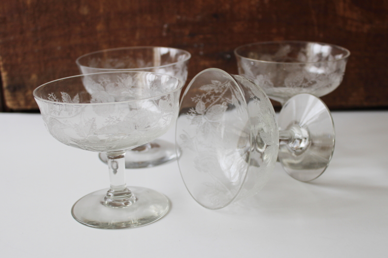 photo of vintage elegant glass sherbet dishes or champagne glasses etched roses rose leaf #2