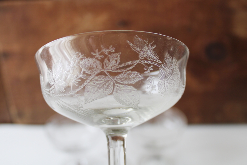 photo of vintage elegant glass sherbet dishes or champagne glasses etched roses rose leaf #3