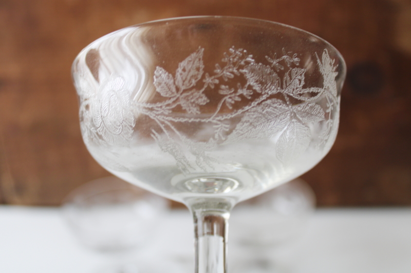 photo of vintage elegant glass sherbet dishes or champagne glasses etched roses rose leaf #4