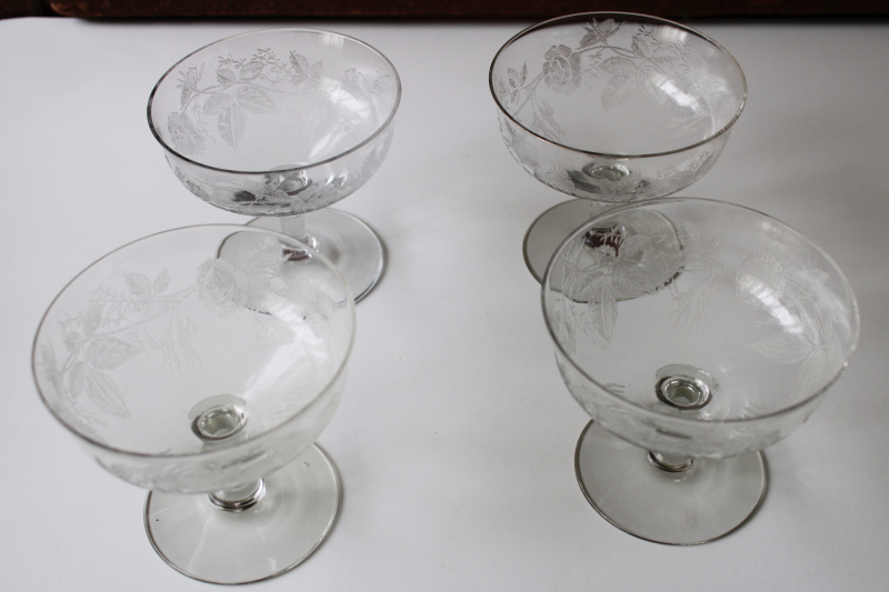 photo of vintage elegant glass sherbet dishes or champagne glasses etched roses rose leaf #6