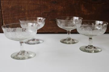 vintage elegant glass sherbet dishes or champagne glasses etched roses rose leaf