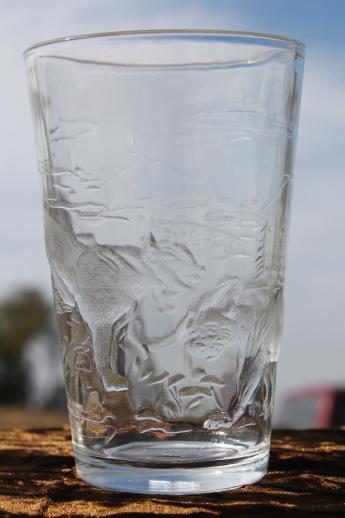 photo of vintage embossed clear glass tumblers w/ buffalo, bears, animals of the Rockies scenic EAPG #7