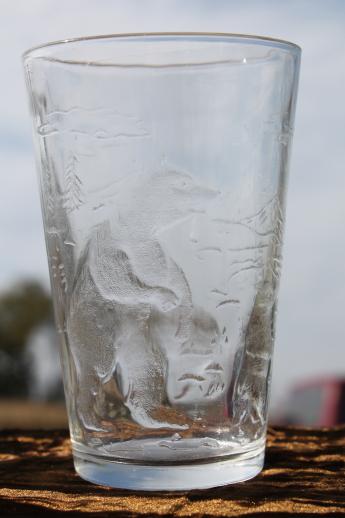 photo of vintage embossed clear glass tumblers w/ buffalo, bears, animals of the Rockies scenic EAPG #10