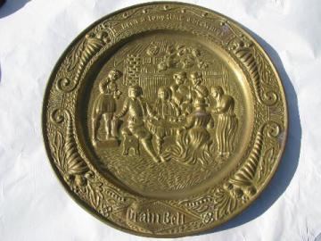 catalog photo of vintage embossed solid brass charger tray, old Grain Belt beer advertising