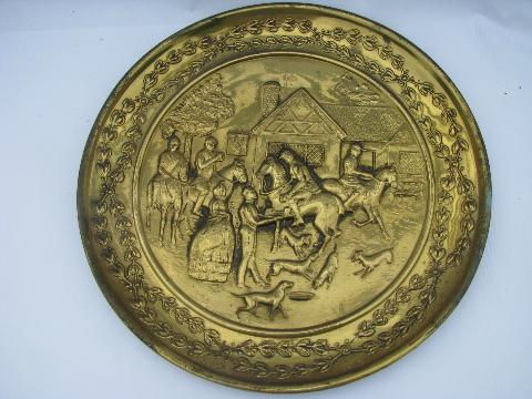 photo of vintage embossed solid brass chargers, large plates or trays, Old English scenes #2