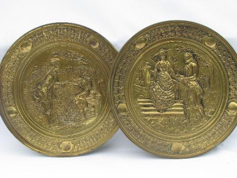 photo of vintage embossed solid brass chargers, large plates or trays, Old English scenes #3