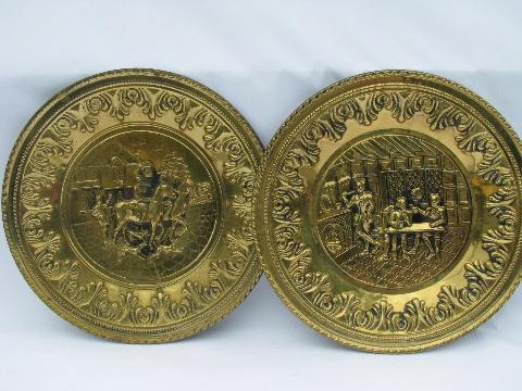 photo of vintage embossed solid brass chargers, large plates or trays, Old English scenes #5