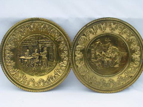 photo of vintage embossed solid brass chargers, large plates or trays, Old English scenes #6