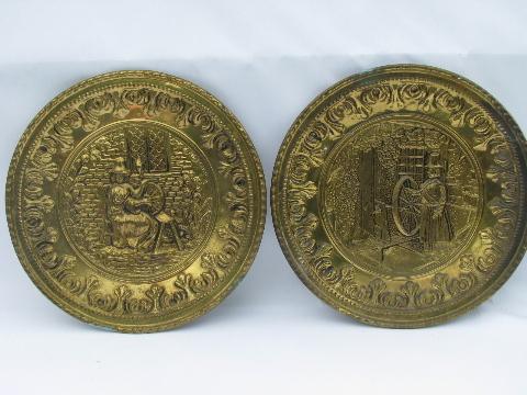 photo of vintage embossed solid brass chargers, large plates or trays, Old English scenes #7