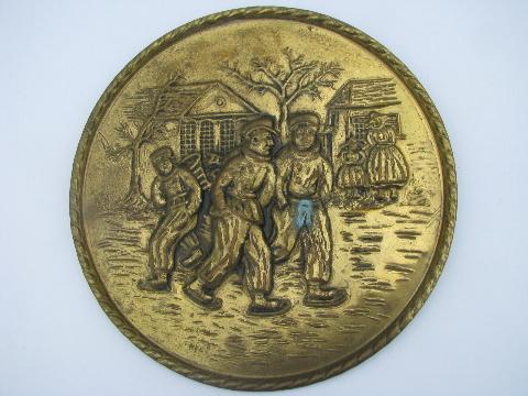 photo of vintage embossed solid brass chargers, large plates or trays, Old English scenes #8