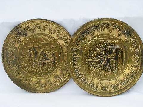 photo of vintage embossed solid brass chargers, large plates or trays, Ye Olde English pub scenes #1