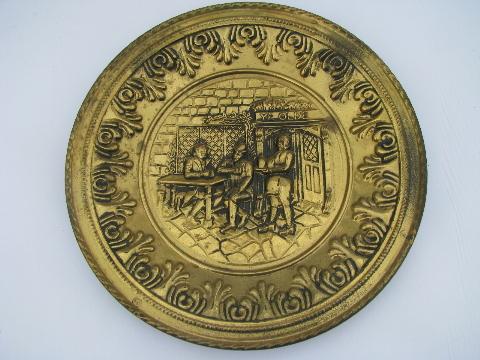 photo of vintage embossed solid brass chargers, large plates or trays, Ye Olde English pub scenes #2