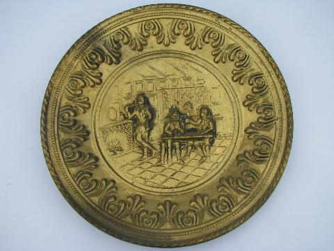 photo of vintage embossed solid brass chargers, large plates or trays, Ye Olde English pub scenes #3