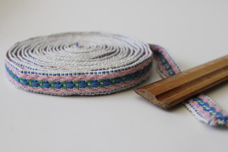 photo of vintage embroidered cotton braid pink & blue, girly boho retro sewing trim #1