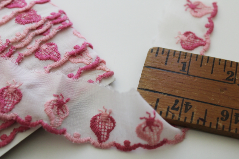 photo of vintage embroidered cotton edging w/ pink strawberries, flat trim raw edge to ruffle #2