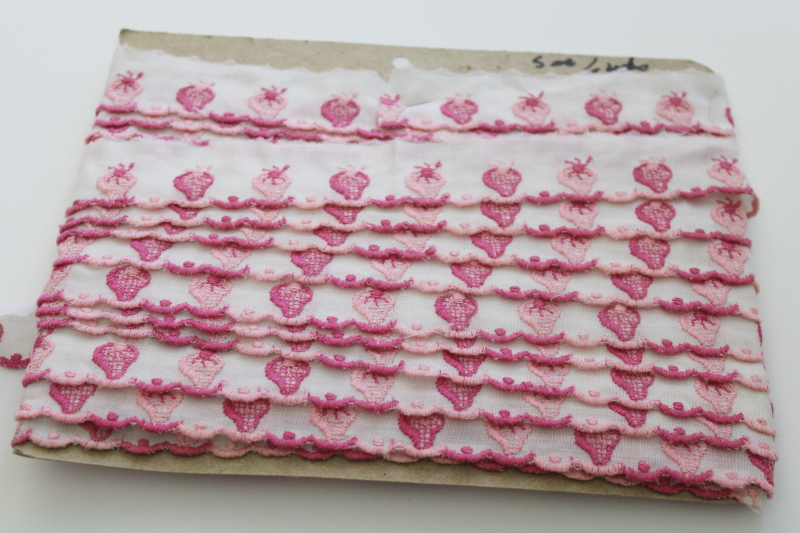 photo of vintage embroidered cotton edging w/ pink strawberries, flat trim raw edge to ruffle #3