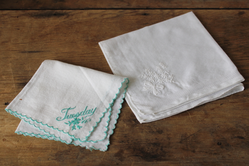 photo of vintage embroidered cotton hankies, white on white embroidery, turquoise Tuesday  #1