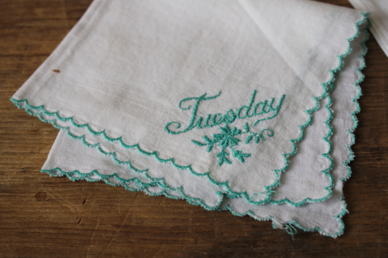 photo of vintage embroidered cotton hankies, white on white embroidery, turquoise Tuesday #2