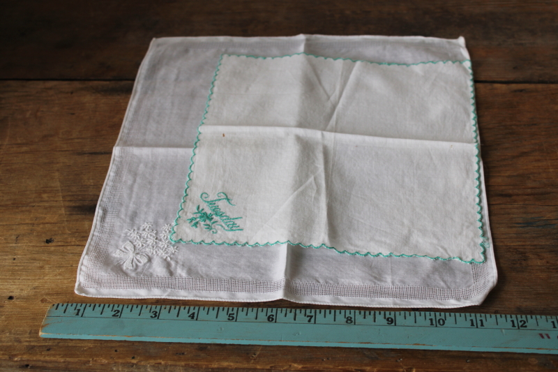 photo of vintage embroidered cotton hankies, white on white embroidery, turquoise Tuesday #4