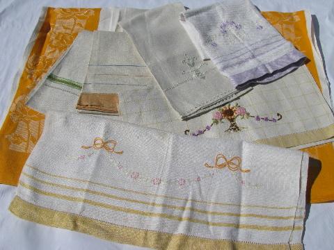 photo of vintage embroidered cotton / linen towel lot, kitchen tea towels w/ embroidery #1