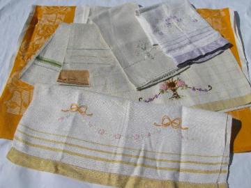 catalog photo of vintage embroidered cotton / linen towel lot, kitchen tea towels w/ embroidery