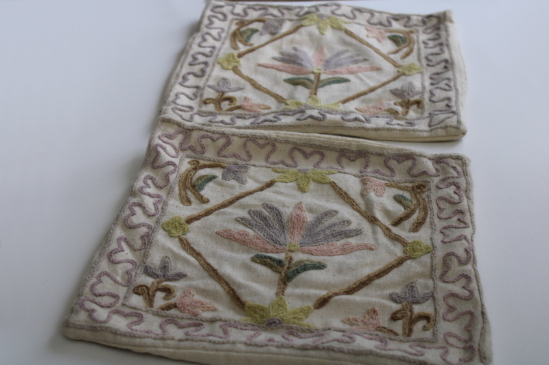 photo of vintage embroidered cotton pillow covers, crewel style flowers punch needle wool work #1