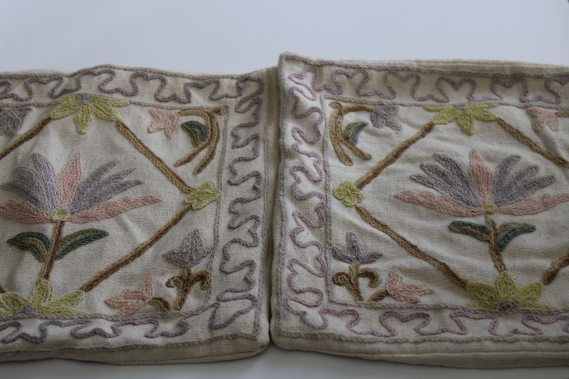 photo of vintage embroidered cotton pillow covers, crewel style flowers punch needle wool work #4