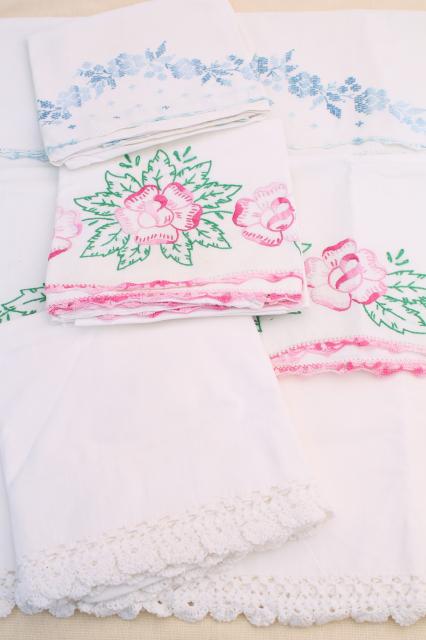 photo of vintage embroidered cotton pillowcases w/ crochet lace, granny chic cottage bedding #2