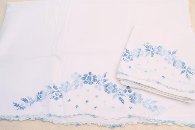 photo of vintage embroidered cotton pillowcases w/ crochet lace, granny chic cottage bedding #3