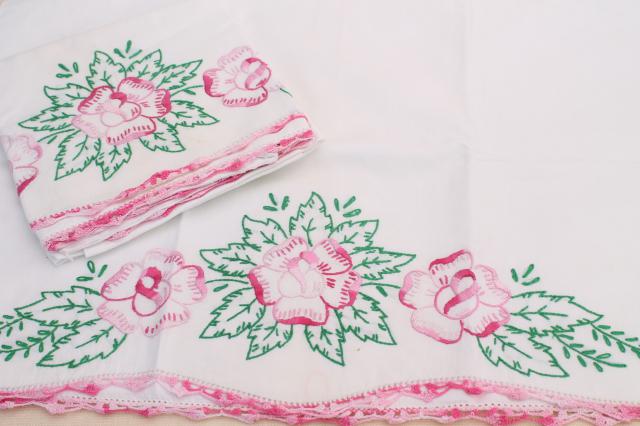 photo of vintage embroidered cotton pillowcases w/ crochet lace, granny chic cottage bedding #5