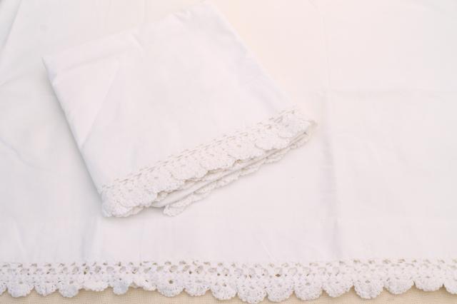 photo of vintage embroidered cotton pillowcases w/ crochet lace, granny chic cottage bedding #7