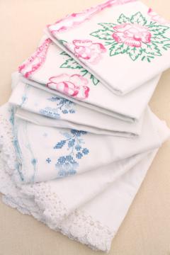 catalog photo of vintage embroidered cotton pillowcases w/ crochet lace, granny chic cottage bedding