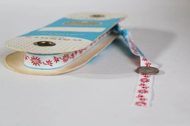 photo of vintage embroidered cotton ribbon sewing trim, red work on white new old stock bolt #3