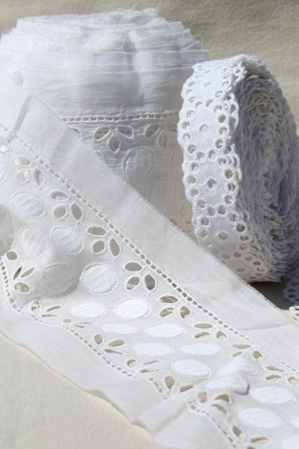 photo of vintage embroidered eyelet insertion sewing trim, Swiss embroidery white cotton fabric #1