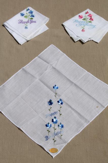 photo of vintage embroidered hankies, Happy Birthday & Thank You gift handkerchiefs #1