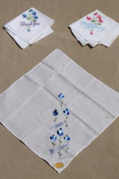 catalog photo of vintage embroidered hankies, Happy Birthday & Thank You gift handkerchiefs