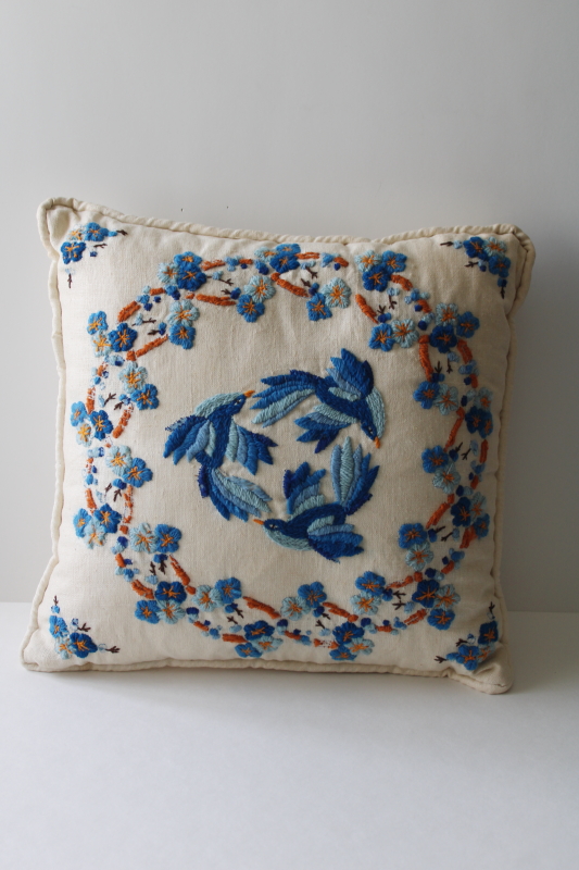 photo of vintage embroidered ivory linen throw pillow, toss cushion w/ crewel wool embroidery bluebirds #1