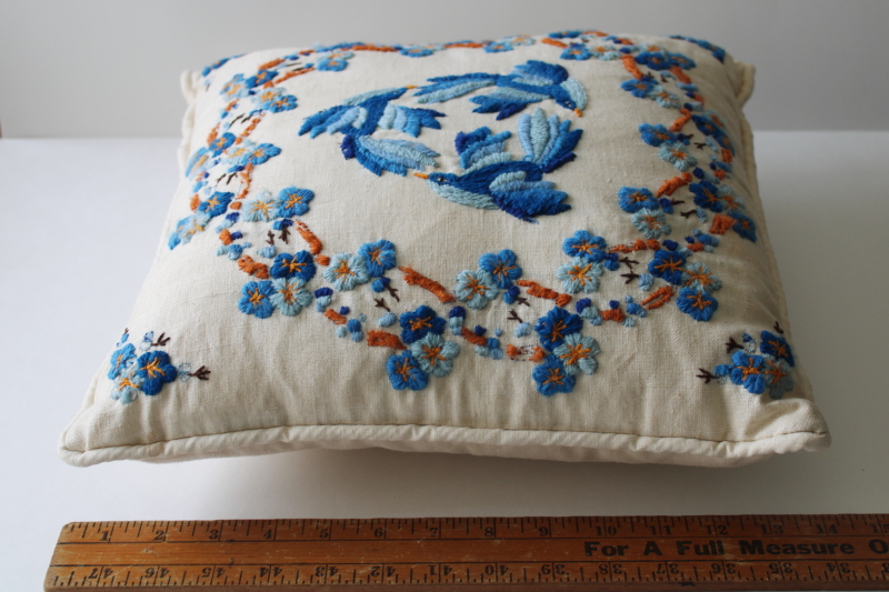 photo of vintage embroidered ivory linen throw pillow, toss cushion w/ crewel wool embroidery bluebirds  #2