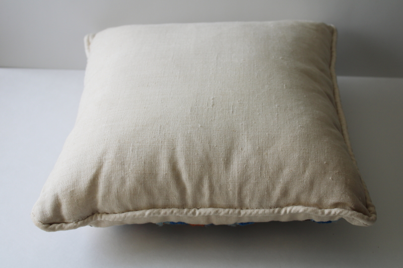 photo of vintage embroidered ivory linen throw pillow, toss cushion w/ crewel wool embroidery bluebirds  #3