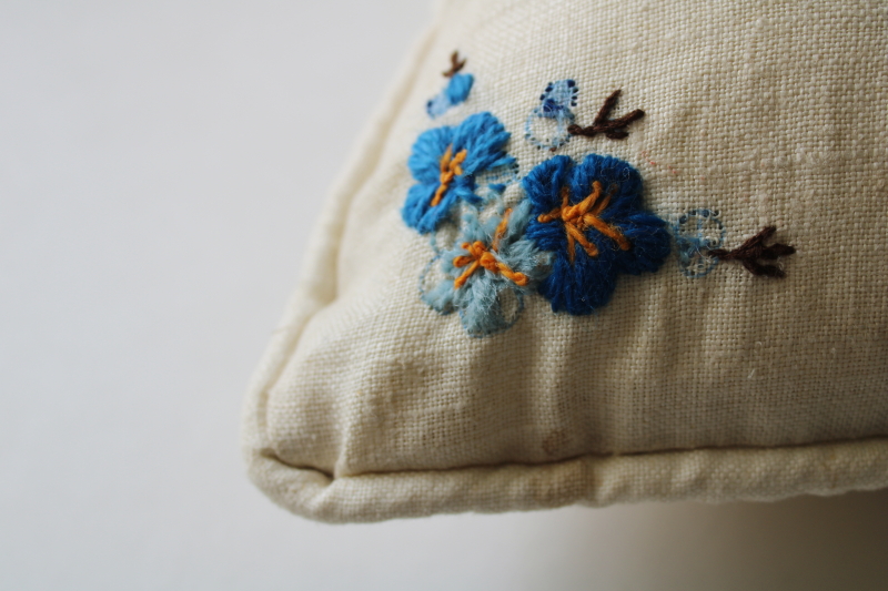 photo of vintage embroidered ivory linen throw pillow, toss cushion w/ crewel wool embroidery bluebirds  #5