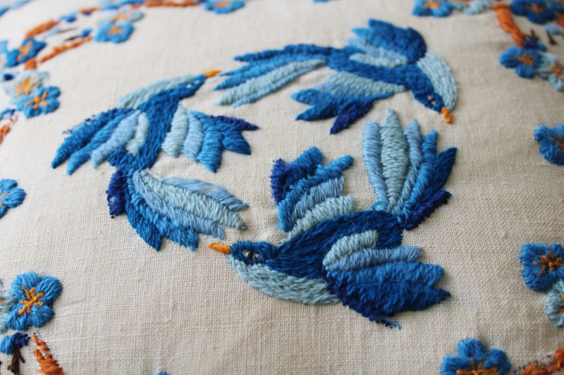 photo of vintage embroidered ivory linen throw pillow, toss cushion w/ crewel wool embroidery bluebirds  #6