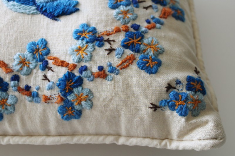photo of vintage embroidered ivory linen throw pillow, toss cushion w/ crewel wool embroidery bluebirds  #7