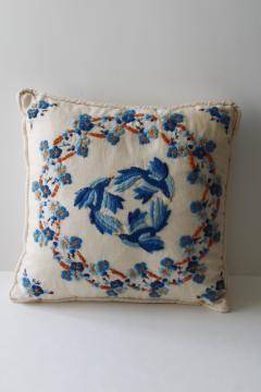 catalog photo of vintage embroidered ivory linen throw pillow, toss cushion w/ crewel wool embroidery bluebirds 