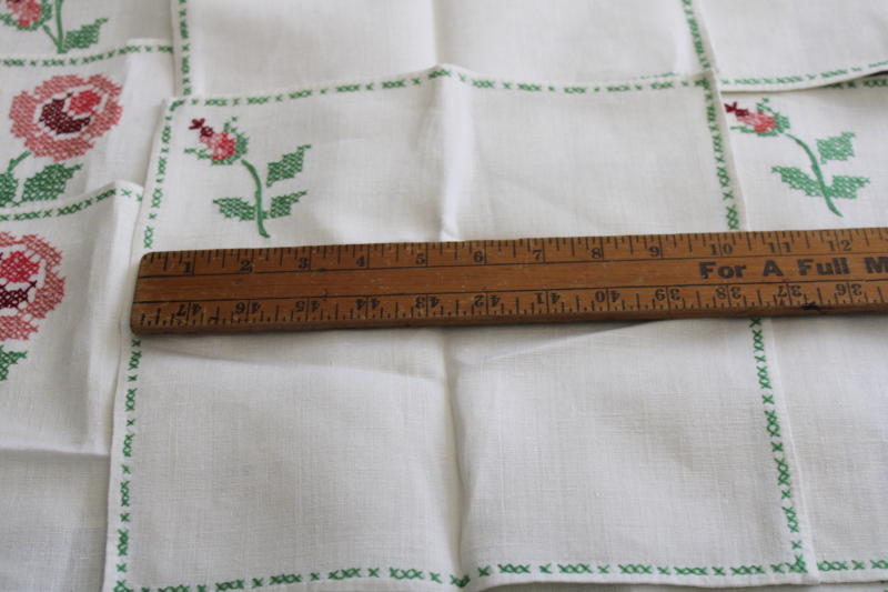 photo of vintage embroidered linen cloth placemats, napkins, coasters set cross stitch roses #3