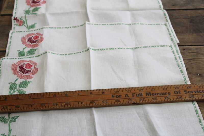 photo of vintage embroidered linen cloth placemats, napkins, coasters set cross stitch roses #5