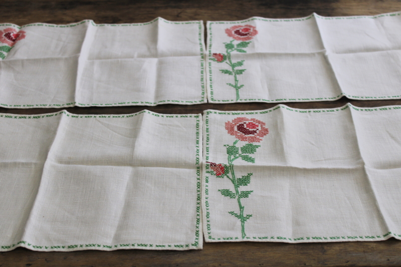 photo of vintage embroidered linen cloth placemats, napkins, coasters set cross stitch roses #6