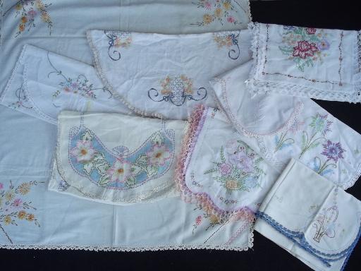 photo of vintage embroidered linens w/ crochet lace, tablecloths and table runners #1